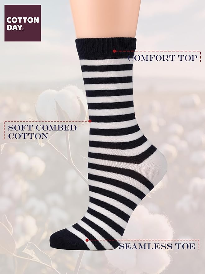 COTTON DAY Women's Soft Combed Cotton Dress Socks Seamless Toe Black White Gray Navy Blue Brown Beige