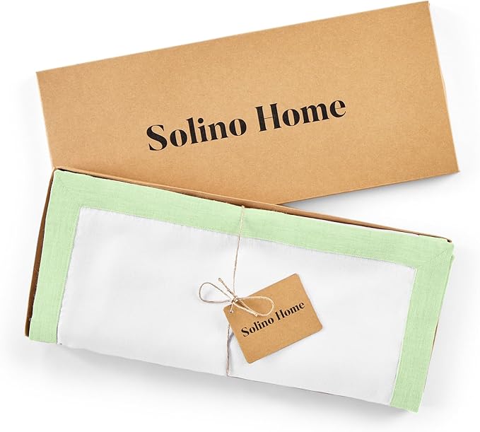 Solino Home Linen Table Runner 120 Inches Long - Pastel Green and White 100% Pure Linen 14 x 120 Inch Table Runner for Dining, Christmas, New Year - Classic