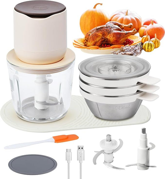 4-in-1 Small Food Processor Cordless Set with 600ml Glass Bowl, 3*240ml Stainless Steel Bowls and 3+4 Blades, USB-C Rechargeable Battery Mini Meat Vegetable Chopper, Electric Kitchen Blender Wireless