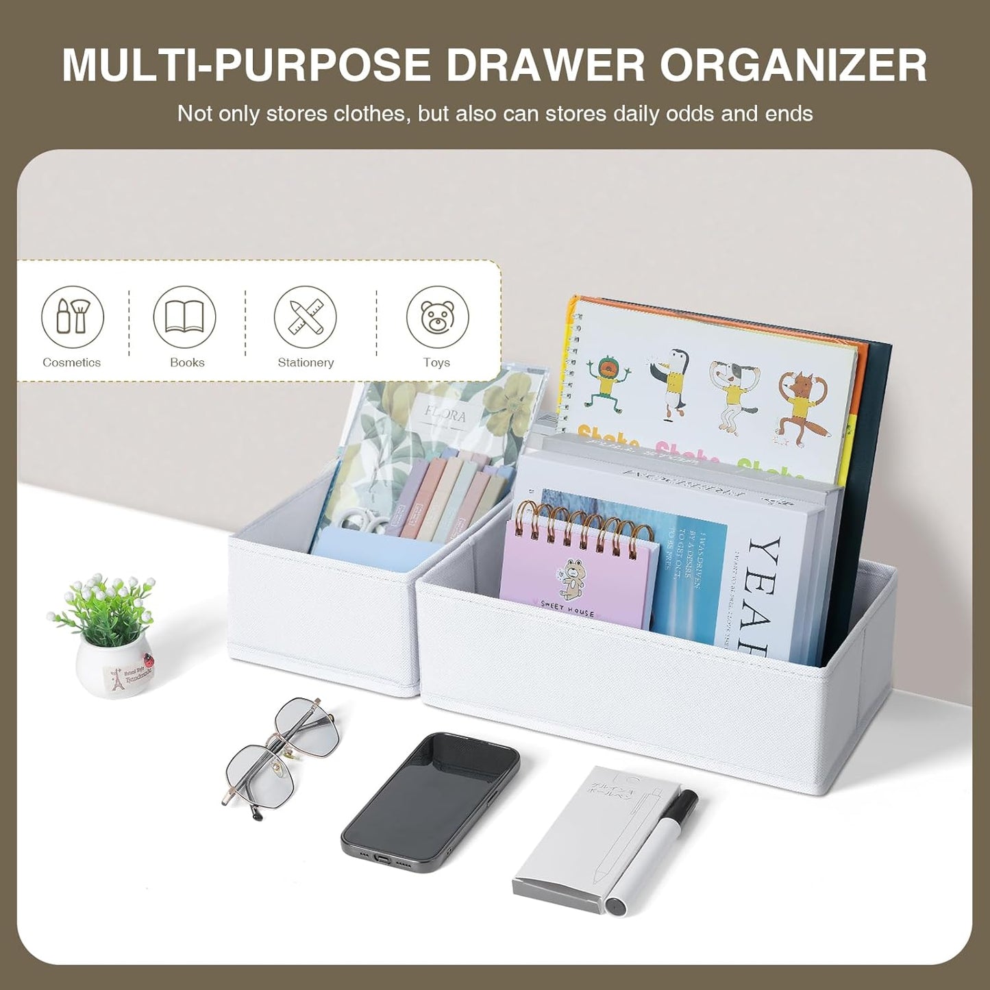 DIMJ Drawer Organizer Clothes, 12 Pack Fabric Closet Organizers and Storage, Foldable Baby Clothes Organizer & Dresser Bin For Nursery, Bedroom, Closet, Socks, Bra, Tie,White