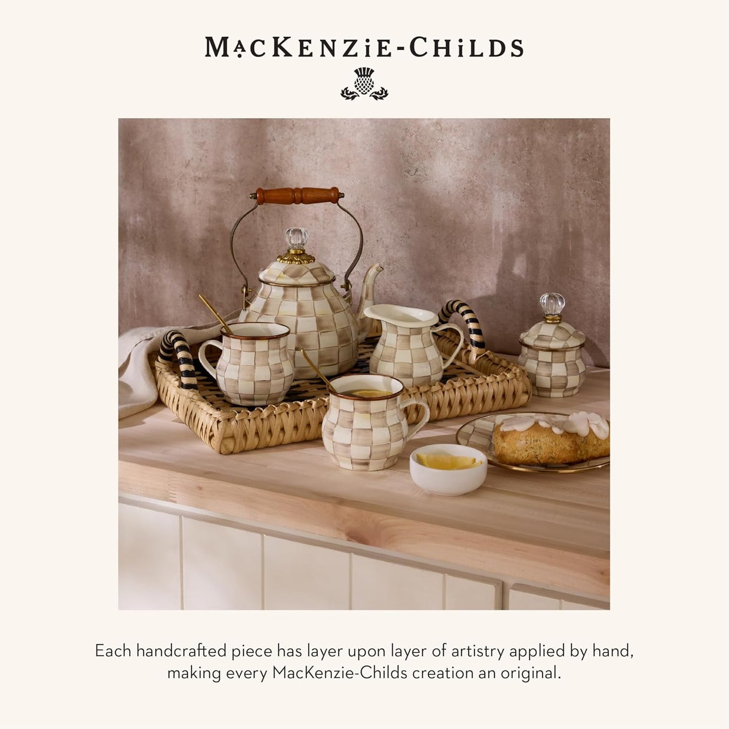 MACKENZIE-CHILDS Enamel Everyday Bowl, Serving Bowl for Entertaining, Extra Small, Brown-and-White Mocha Check