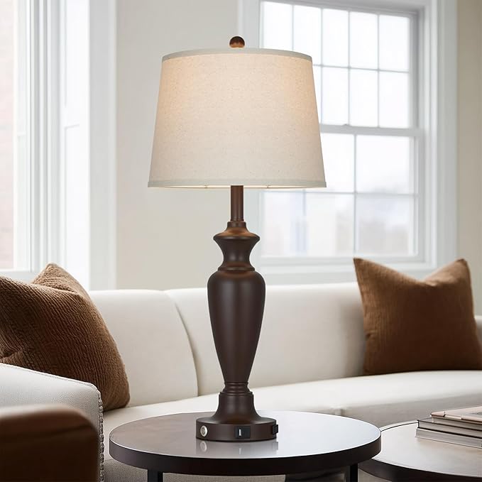 30" Tall Metal Table Lamps Set of 2, Touch Control Bedside Lamps for Bedroom Nightstand, 3-Way Dimmable Farmhouse Lamp for Living Room with Charging Ports, Brown (2 LED Bulbs Included)