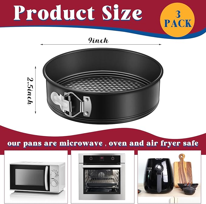 Pickmesh 3 Pcs 9inch Springform Pan with 150 Pcs Parchment Paper Nonstick Cheesecake Pan Mold with Removable Bottom for Cheesecake Cake, Black