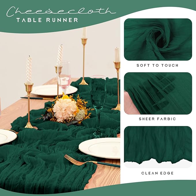 12 Pack Cheesecloth Table Runner 35 x 120 inch Long Boho Cheese Cloth Gauze Table Runners Semi Sheer Table Runner for Wedding Decor, Bridal Shower, Birthday Party (Emerald Green)