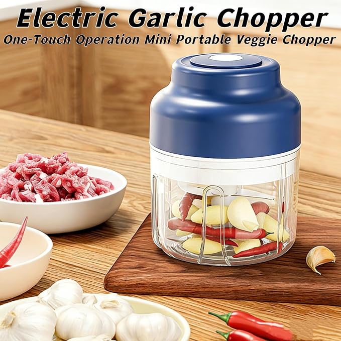 Electric Garlic Chopper, Mini Portable Veggie Chopper, 4/6 Stainless Steel Blades Small Food Processor with USB Rechargeable Wireless, One-Touch Operation for Garlic, Onion & Vegetables (A,Six knives)