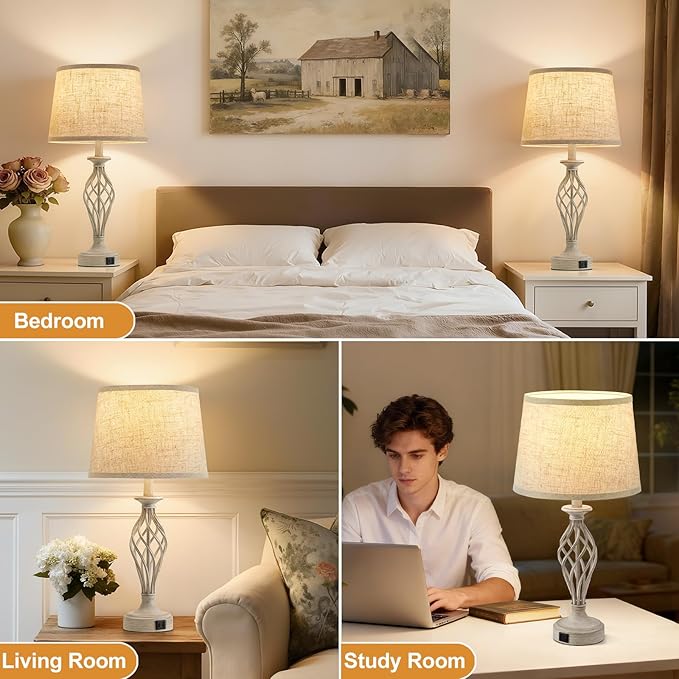 Table Lamp for Bedroom Set of 2 - Light Grey Bedside Lamps with USB C+A Ports,Rustic Distressed Farmhouse Bedroom Lamp - Lamp for Living Room Reading Bed Side End Table Bulbs Included