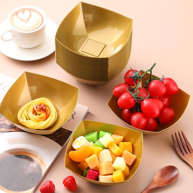 Tanlade 50 Pcs Square Plastic Serving Bowls Disposable Snack Salad Bowl Small Party Candy Bar Containers Taco Bar Serving Dishes for Buffet Chips Fruit(12 oz,Gold)