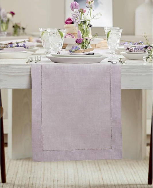 Solino Home Linen Lilac Table Runner 108 Inches Long - 100% Pure Linen 14 x 108 Inch Table Runner for Christmas, New Year - Classic Hemstitch