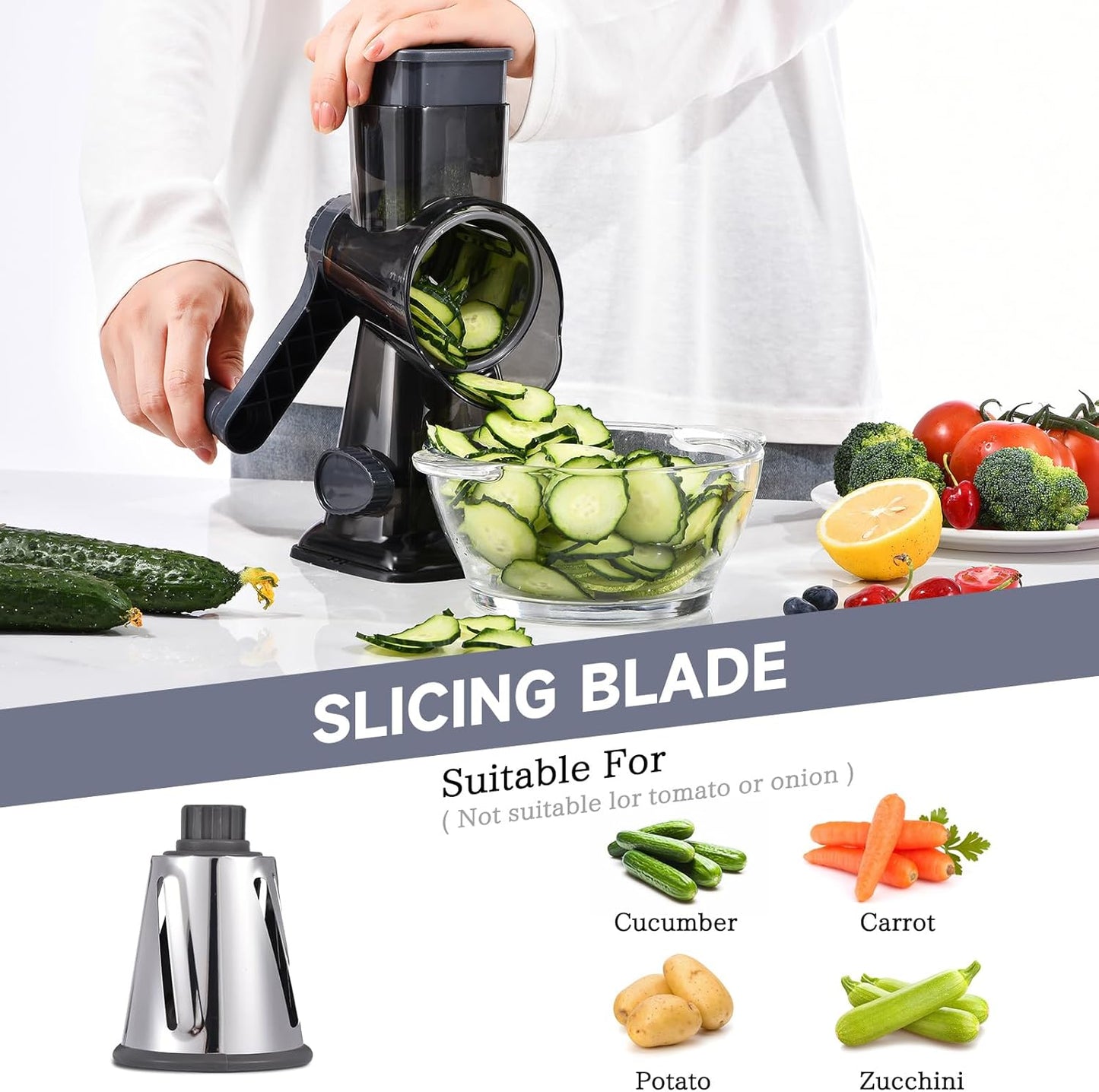 Rotary Cheese Grater Hand Crank Cheese Shredder Vegetable Mandoline Slicer for Kitchen 3 in 1 Changeable Blades for Cheese Potato Nuts Chocolate Ice （Grey TSP)