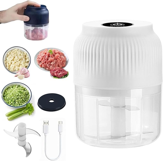 Electric Garlic Chopper, Mini Portable Veggie Cutter, 300ml Cordless Garlic Grinder Onion Masher, Portable Vegetable Cutter for Garlic, Onions, Herbs, Spices & Baby Food (White, 4 Blade)