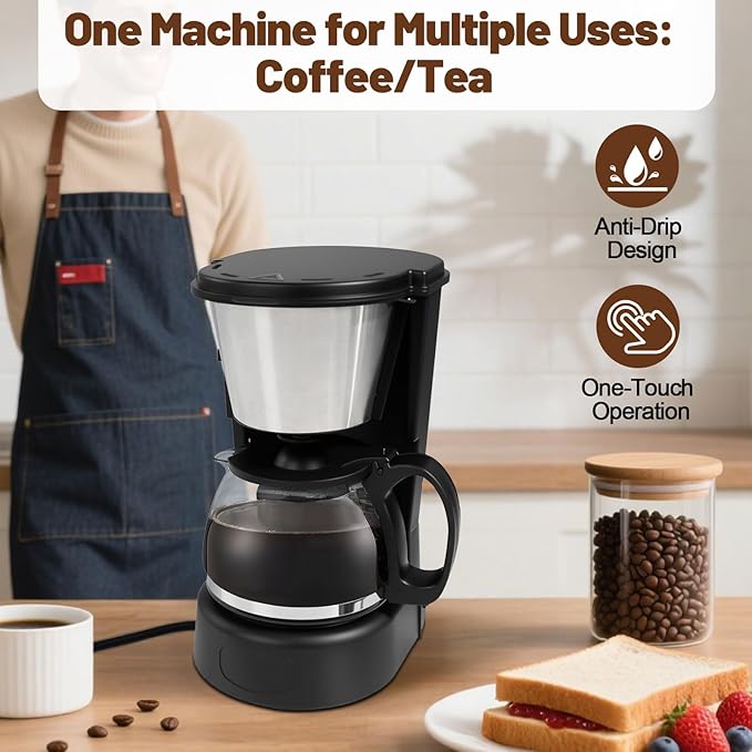 5 Cup Drip Coffee Maker One-Touch Anti-Drip Coffee Machine with Reusable Filter Carafe Auto Keep Warm Plate Spoon Coffee Pot Suitable for Home Use 110V