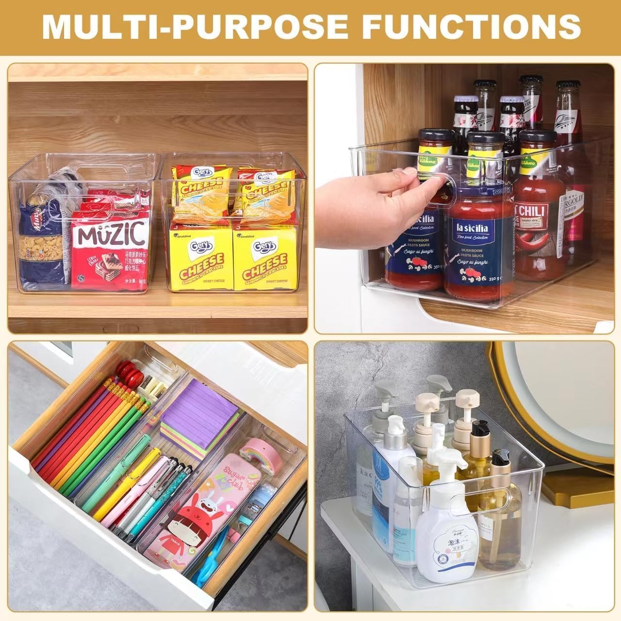 Set of 8 Clear Plastic Storage Bins, Pantry Organization and Storage, Transparent, Plastic, 4 Small + 4 Large