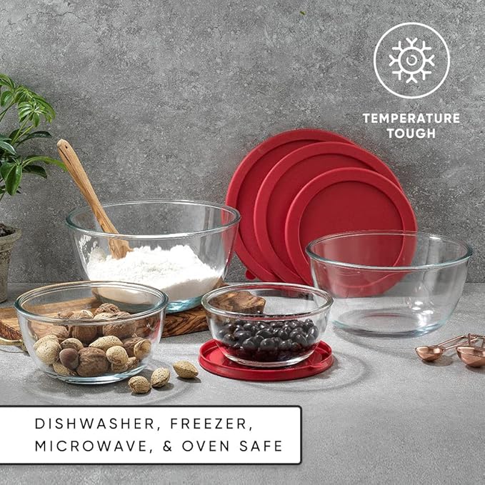 JoyJolt Kitchen Mixing Bowls - 8pc Glass with Lids Set – Neat Nesting Large Bowl Batter Cooking Storage and Big Salad BPA-Free Red