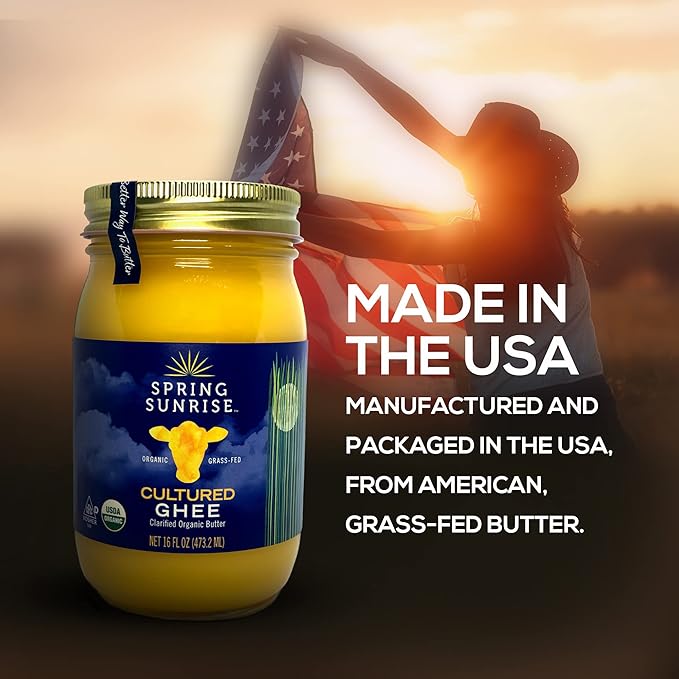 Spring Sunrise Grass Fed Organic Cultured Ghee - USDA Certified Clarified Butter - Keto & Paleo Friendly, Non-GMO, Gluten & Lactose Free Cooking Oil - Sustainably Sourced, 16 oz Jar
