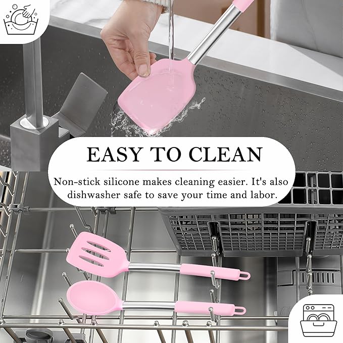 TeamFar Kitchen Utensils, 4 PCS Silicone Cooking Utensils Spatula Spoon Set with Stainless Steel Handle, for Frying Mixing Draining Turning, Healthy & Heat-proof, Non-stick & Dishwasher Safe - Pink
