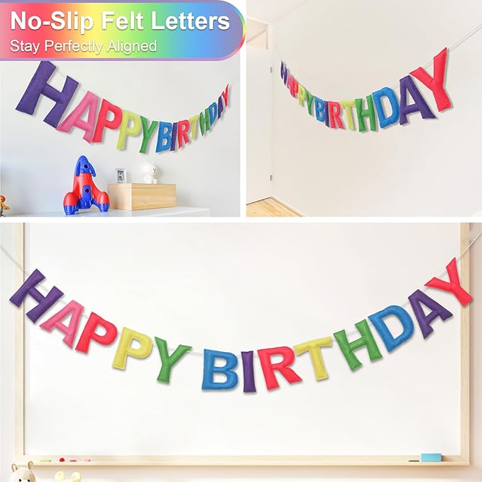 Pre-Strung Happy Birthday Banner & Felt Garland Set - Pastel Birthday Decorations for Women Girls | Reusable Party Supplies for Indoor & Outdoor