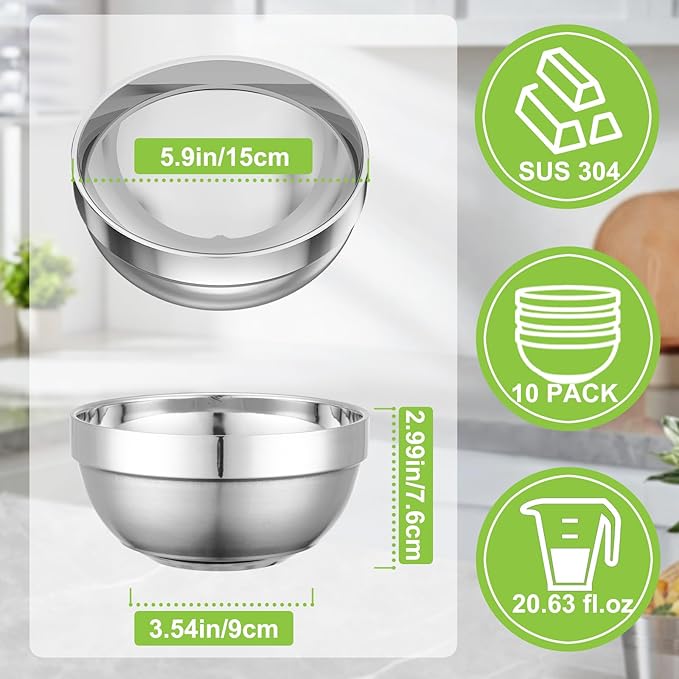 Stainless Steel Bowls Bulk, 10 Pack 5.9in 20.6oz 610ml Medium SUS304 Double Wall Insulated Stackable Metal Cereal Eating Bowl Containers for Restaurant Serving Dishes Salad Ice Cream Soup Rice