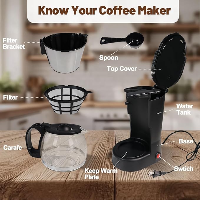 5 Cup Drip Coffee Maker One-Touch Anti-Drip Coffee Machine with Reusable Filter Carafe Auto Keep Warm Plate Spoon Coffee Pot Suitable for Home Use 110V