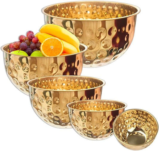 5-Piece Stainless Steel Mixing Bowls Set, Metal Hammered Gold Mixing Bowls for Kitchen, Cooking, Baking, Salad Prep, Food Storage, Reusable Nesting Design, 1.6-4.9 QT Capacity, Dishwasher Safe