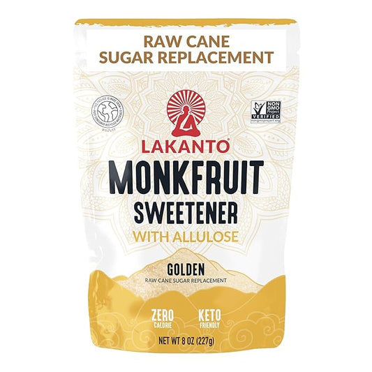 Lakanto Golden Monk Fruit Sweetener With Allulose, Raw Cane Sugar Substitute, Monk Fruit Extract, Raw Sugar Replacement for Baking, Coffee & Tea, Gluten Free, Low Carb, Non GMO, Keto, 8 OZ Bag