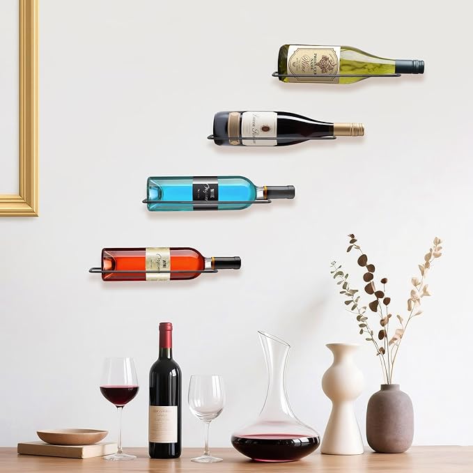 FLstudio Wall Mounted Wine Rack: 4 Bottle Wall Mount Wine Rack for Wine Bottles Display and Storage - Metal Wall Wine Bottle Organizer Holder for Wine Cellar Home Kitchen Bar Decor