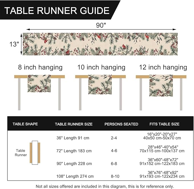 Seliem Winter Pine Needle Branches Table Runner, Pine Cone Cardinal Red Birds Berry Farmhouse Kitchen Dining Table Decor, Christmas Holiday Home Decoration Indoor Outdoor Party Supply 13 x 90 Inches