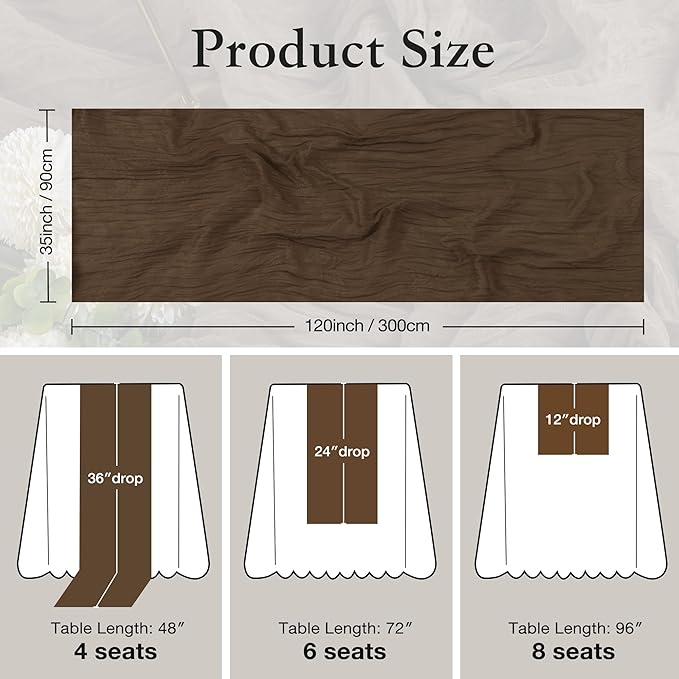 Leetaltree 4 Pack Brown Cheesecloth Table Runner, 35x120 Inch Boho Rustic Cheese Cloth Table Runner, Decorative Table Runners for Bridal Baby Shower Decorations or Wedding Table Decorations