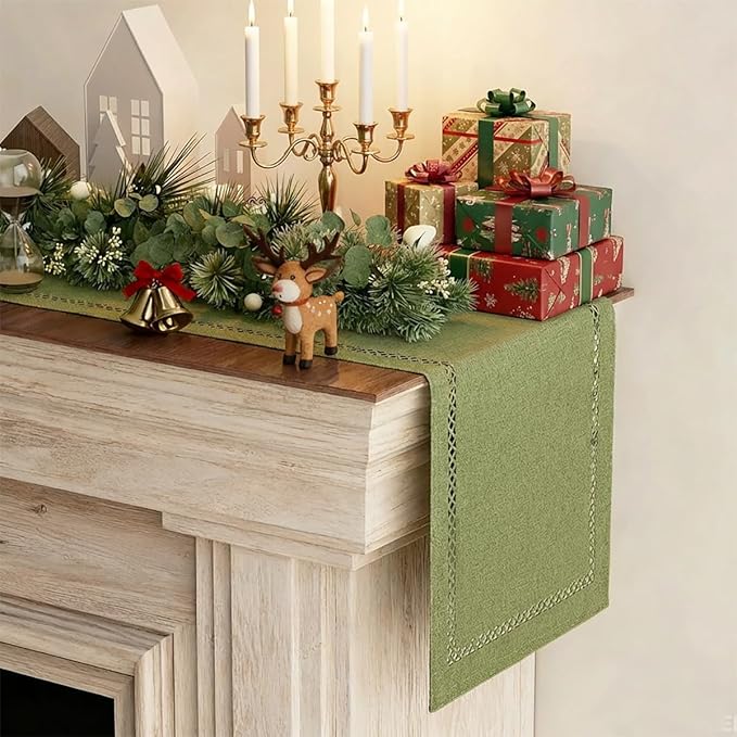 Burlap Style Farmhouse Table Runner, 13 x 72 Inch Sage Green, Rustic Geometric Hollow Table Runners 72 Inches Long for Dresser Table Everyday Use, 13x72 Inches, Sage Green