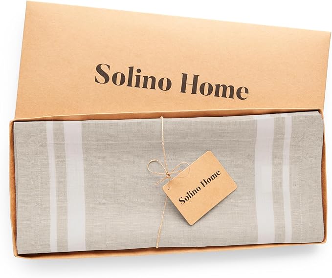 Solino Home Linen Table Runner 144 Inches Long - 100% Pure Linen White and Natural French Stripe Table Runner 14 x 144 Inch for Dining