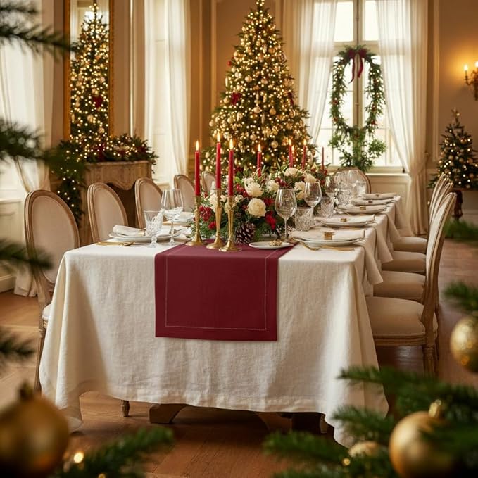 D'Moksha Homes Linen Dark Red Table Runner 60 Inches - Classic Hemstitch, 100% Pure Linen Coffee Table Runner 14 x 60 Inch Ideal for Dresser Tables - Winter, Christmas, Holiday, New Year