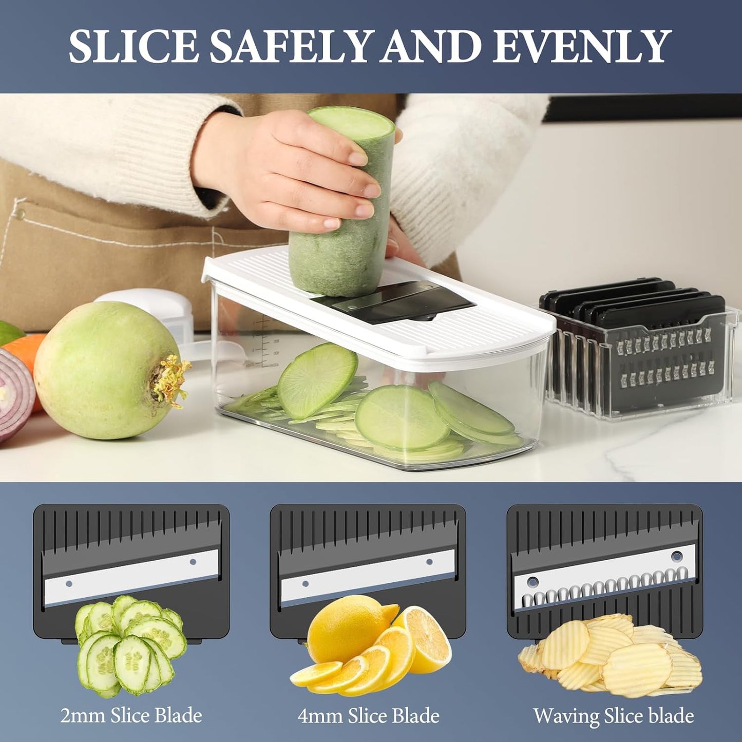Ourokhome Vegetable Mandolin Slicer, Hand Safe Kitchen Food Shredder with 6 Mandoline Blades, Veggie Waffle Cutter for Potato, Carrot, Zucchini, Onion, Essential Kitchen Gadgets (6 in 1, White)