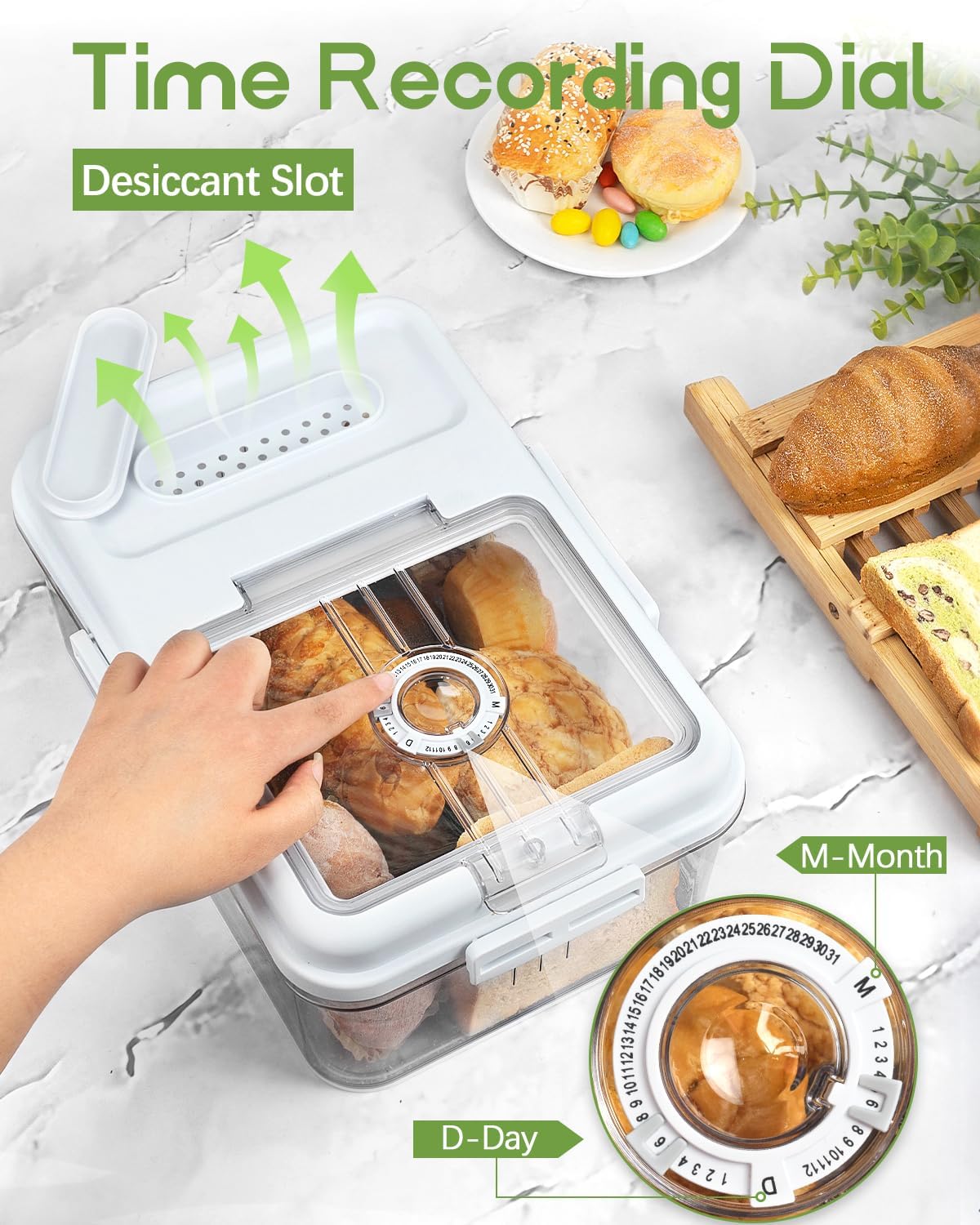 Dynta 2 Pack Bread Box for Kitchen Countertop Airtight Bread Storage Container with Lid Time Recording Plastic Bread Keeper for Homemade Bread, Toast, Loaf and Cookies