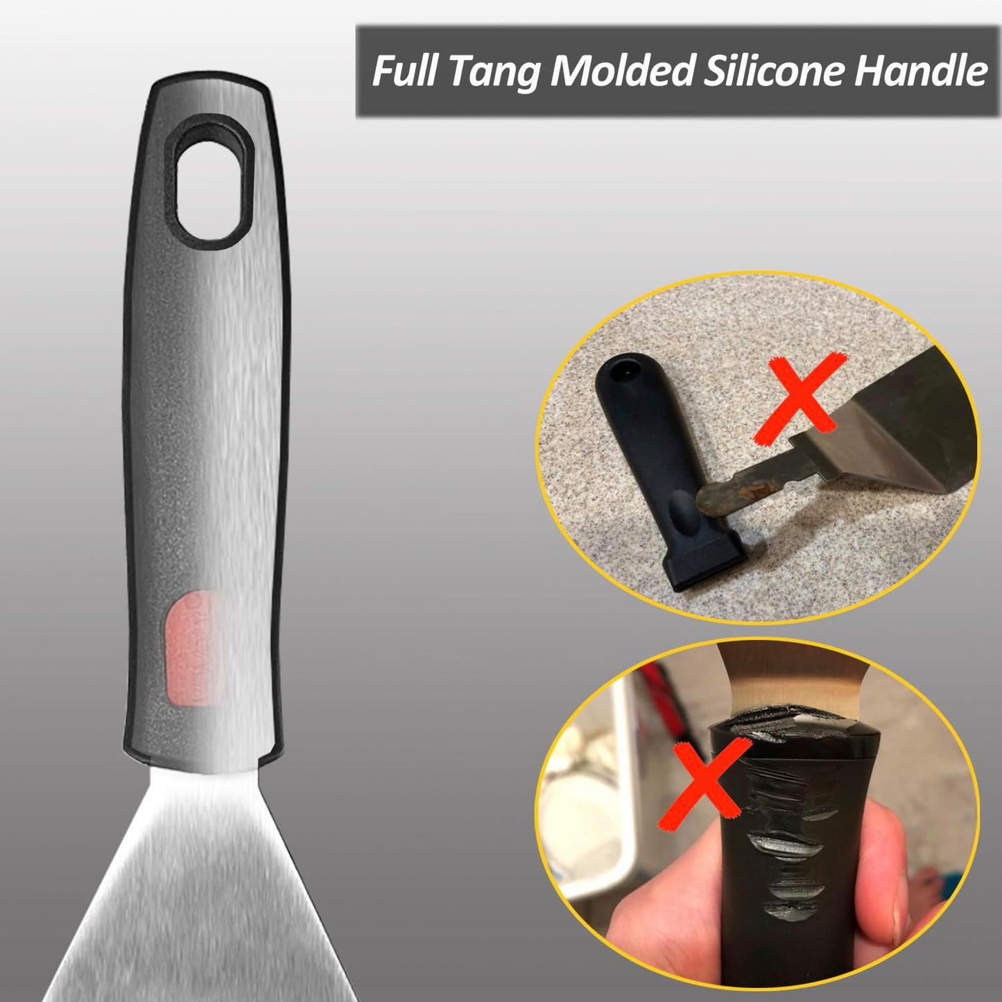 Professional Metal Spatula for Cast Iron Skillets and Flat Top Grills, Full Tang Silicone Handle,Thickened Stainless Steel Blade, Smash Burger Spatula Turner for Flipper, Cooking, BBQ, 5 x 2.75 Inch
