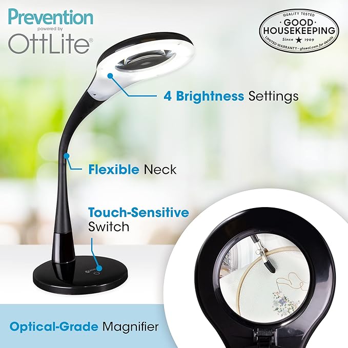 OttLite LED Desk Lamp with Adjustable Magnifier, Prevention Series - Designed to Reduce Eyestrain - Adjustable Flexible Neck, 4 Brightness Settings & Touch Controls - Crafting, Reading & Studying