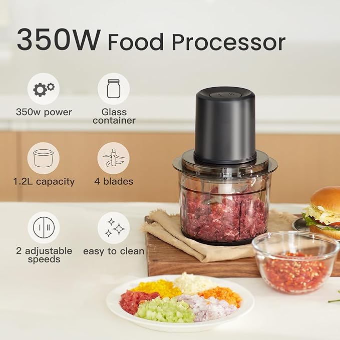 Food Processor, Electric Meat Grinder with 4 Stainless Steel Blades, 1.2L Food Chopper Small Grinder Meat Processor with 2 Speeds for Vegetable, Fruits, Baby Food, Meat, Garlic, 5 Cups