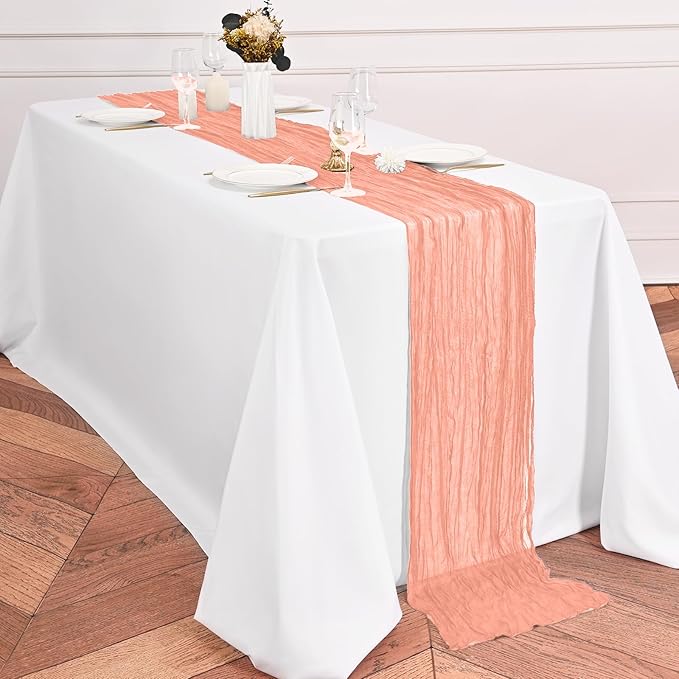 24 Pack Coral Table Runner 10Ft Cheesecloth Table Runner Rustic Gauze Table Runners Romantic Long Sheer Fabric Cheese Cloth Table Runners for Wedding Party Bridal Baby Shower