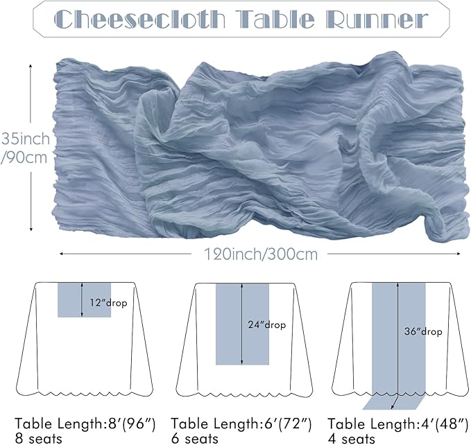 IVAPUPU 4 Pcs Cheesecloth Table Runner - 10ft Dusty Blue Boho Gauze Cheese Cloth Table Runners for Baby Shower Decoration Wedding Party Summer Garden Farmhouse