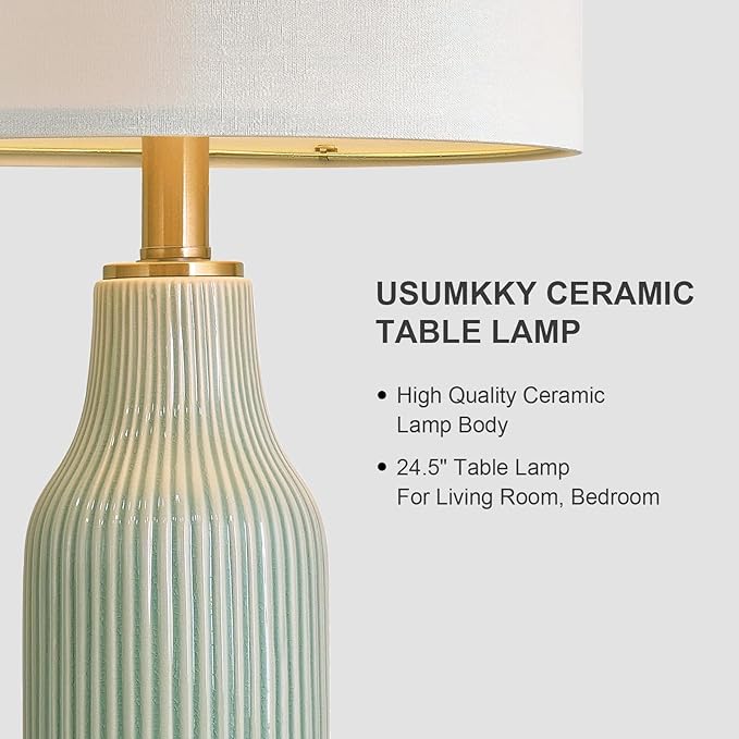 24.5" Modern 3-Way Dimmable Touch Control with USB A+C Ceramic Lamps Set of 2 Table Lamp for Living Room Bedroom Farmhouse Nightstand Bedside Green
