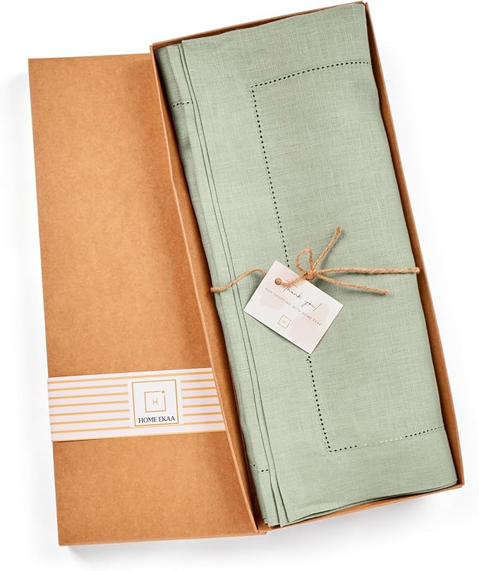 Home Ekaa Sage Green 100% Pure Linen Table Runner 36 inches – Small Hemstitch Runner 14x36 Inch Ideal for Dining & Coffee Table - Fall,Christmas, Winter, Holiday & New Year – Elara