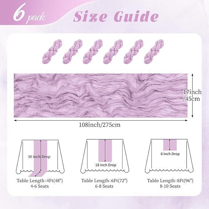 6 Pack Lavender Cheesecloth Table Runner 17x108 Inch Semi Sheer Boho Gauze Cheese Cloth Fabric Table Runners, for Wedding Party Baby Shower Birthday Home Decor Garden