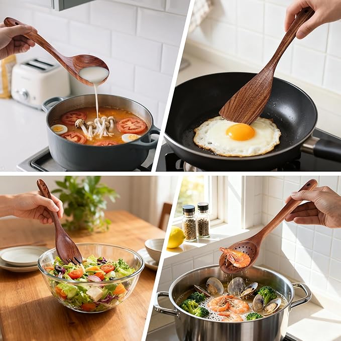 Wooden Spoons for Cooking – 6 Pcs Teak Wood Utensil Set, Durable, Nonstick Safe & Heat Resistant with Ergonomic Handles - Unique Kitchen Gifts for Women Men, Cooking Gifts for Men Women