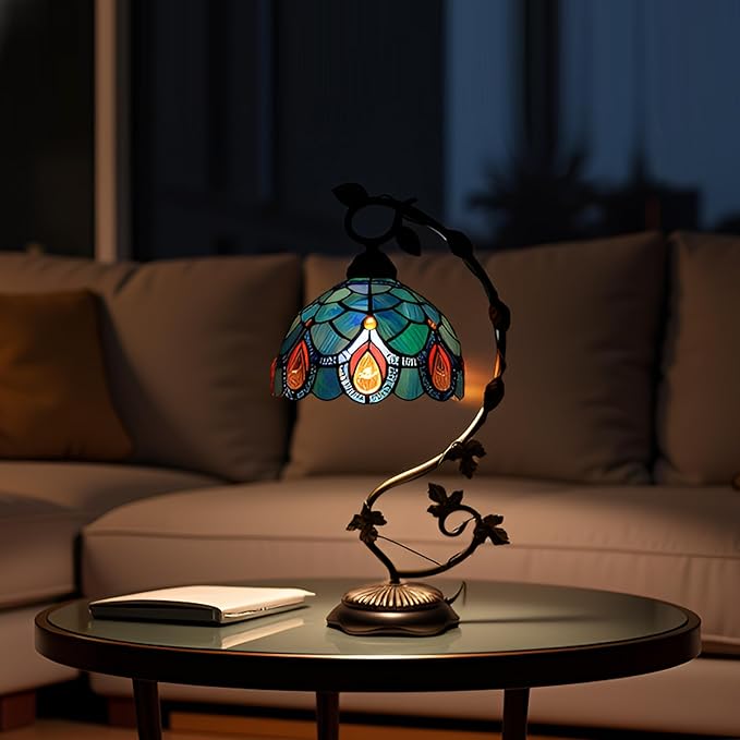 Tiffany Table Lamp, Stained Glass Desk Reading Light,Metal Leaf Table Lamp Base 8X10X21 Inches (Brown Crystal)