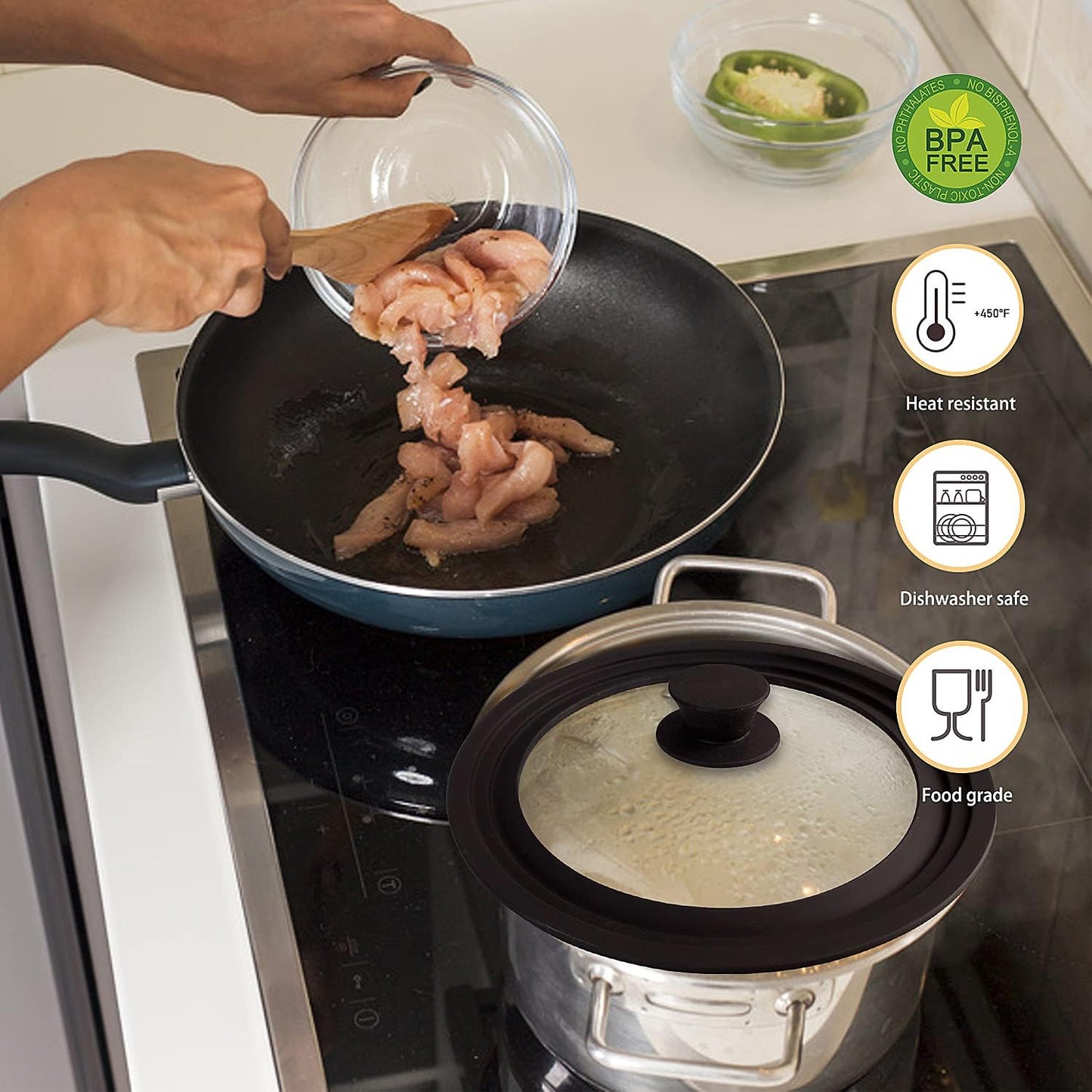 Universal Lid for Pots, Pans and Skillets, Pot Lid With Heat Resistant Silicone Rim and Tempered Glass,Fits 9.5", 10", 11" Diameter Pots and Pans