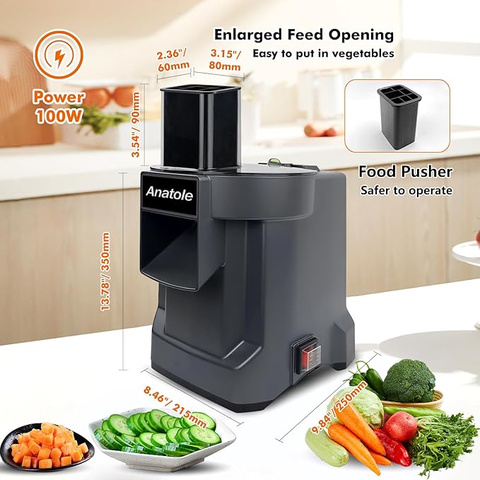 Anatole Electric Vegetable Dicer Slicer Commercial Food Processor Multifunctional Veggie Chopper Professional Heavy Duty Fruits Cutter with 2 Stainless Steel Blades for Carrot Potato Onion 100W 110V