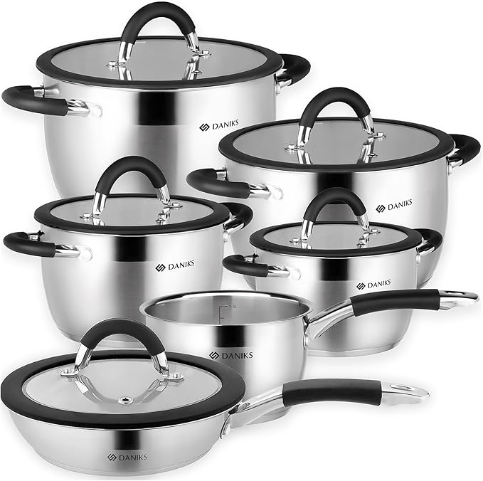 Daniks Orlando 11-Piece Stainless Steel Cookware Set with Glass Lids, Includes Saucepan and Frying Pan, Tri-Ply Bases for Even Heating, Induction Compatible, Dishwasher Safe, Heatproof Handles