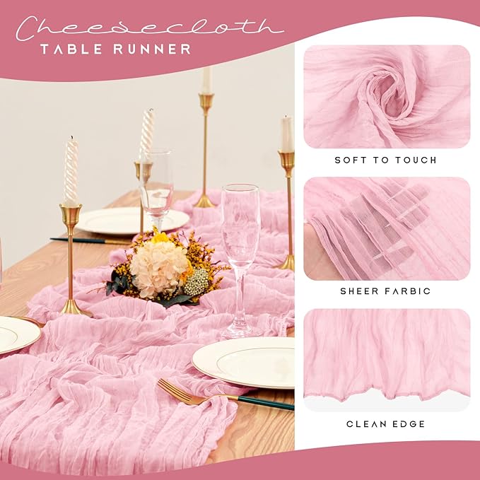 12 Pack Cheesecloth Table Runner 35 x 120 inch Long Boho Cheese Cloth Gauze Table Runners Semi Sheer Table Runner for Wedding Decor, Bridal Shower, Birthday Party (Light Pink)