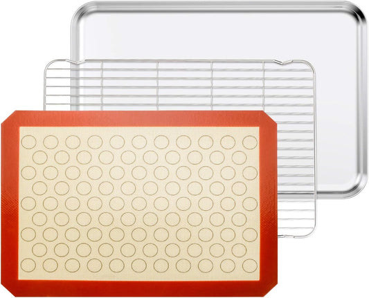 Baking Sheet with Cooling Rack and Silicone Baking Mat, 20 Inch Stainless Steel Bakeware, Healthy & Nontoxic & Rustproof & Easy Clean & Dishwasher Safe