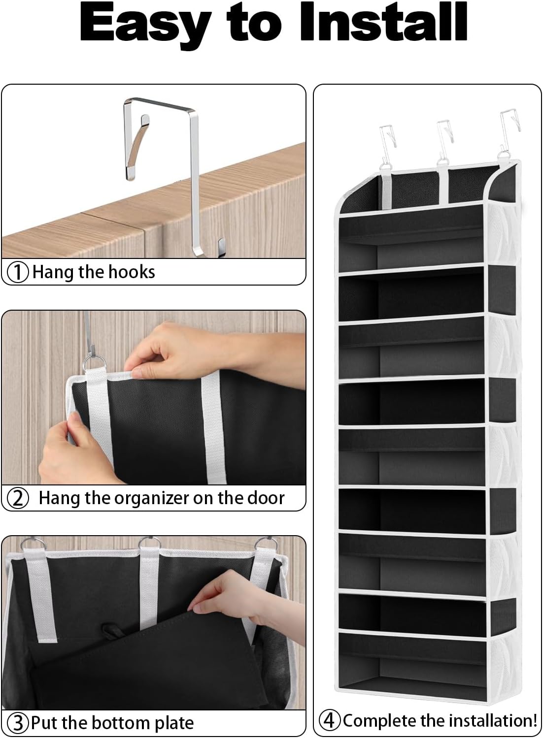 2 Pack Over The Door Storage Organizer with 5 Pockets 10 Mesh Side Pockets, 44 lbs Weight Capacity Door Hanging Organizers and Storage for Bedroom,Bathroom,Nursery,Pantry,Dorm(Black)