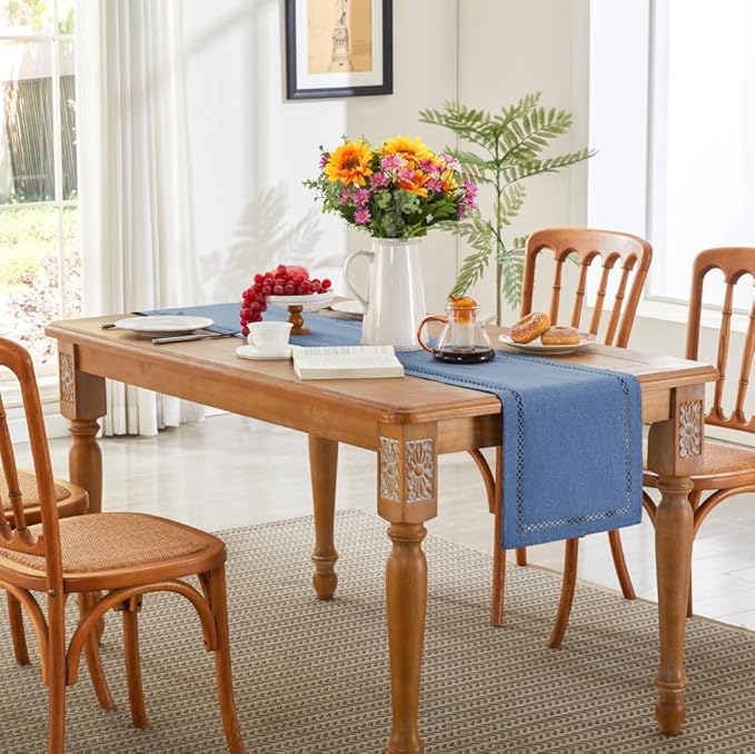 Burlap Style Farmhouse Table Runner, 13 x 48 Inch Blue, Rustic Geometric Hollow Table Runners 48 Inches Long for Dresser Table Everyday Use, 13x48 Inches, Blue