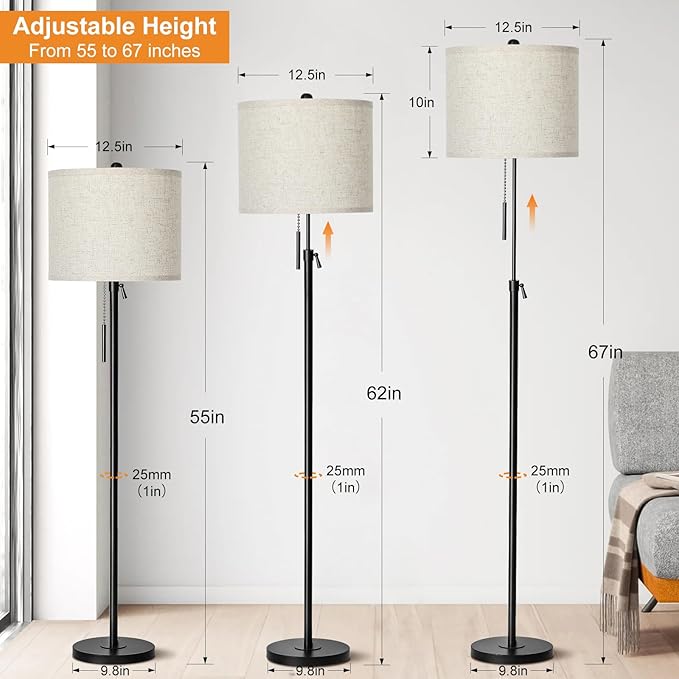Adjustable Height Floor Lamp for Living Room, Black Standing Lamp for Bedroom Office, Modern Tall Lamp with Linen Shade, 3-Way Dimmable 8W 3000K LED Blub Included (Black)